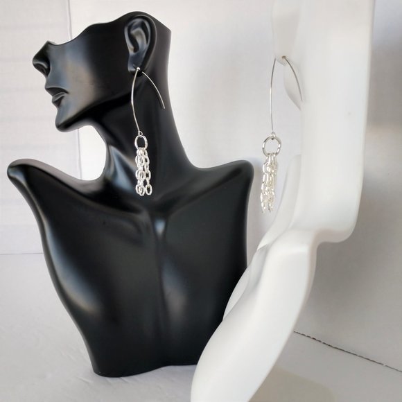 Handmade Silver Plated Chain Earrings on Boomerang Wires 3 Inches - Picture 16 of 16